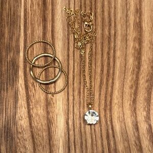 Gold Crystal Pendant Necklace with Stackable Gold Rings - Women Jewelry